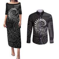New Zealand Maori Koru Fern Couples Matching Puletasi and Long Sleeve Button Shirt Spiral Polynesian Style Gray LT05 Gray - Polynesian Pride
