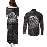 New Zealand Maori Koru Fern Couples Matching Puletasi and Long Sleeve Button Shirt Spiral Polynesian Style Gray LT05 - Polynesian Pride