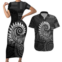 New Zealand Maori Koru Fern Couples Matching Short Sleeve Bodycon Dress and Hawaiian Shirt Spiral Polynesian Style Gray LT05 Gray - Polynesian Pride