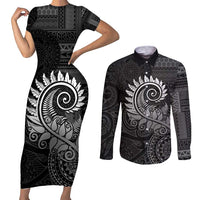 New Zealand Maori Koru Fern Couples Matching Short Sleeve Bodycon Dress and Long Sleeve Button Shirt Spiral Polynesian Style Gray LT05 Gray - Polynesian Pride