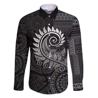 New Zealand Maori Koru Fern Family Matching Long Sleeve Bodycon Dress and Hawaiian Shirt Spiral Polynesian Style Gray LT05 Dad's Shirt - Long Sleeve Gray - Polynesian Pride