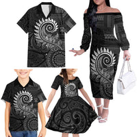 New Zealand Maori Koru Fern Family Matching Off The Shoulder Long Sleeve Dress and Hawaiian Shirt Spiral Polynesian Style Gray LT05 - Polynesian Pride