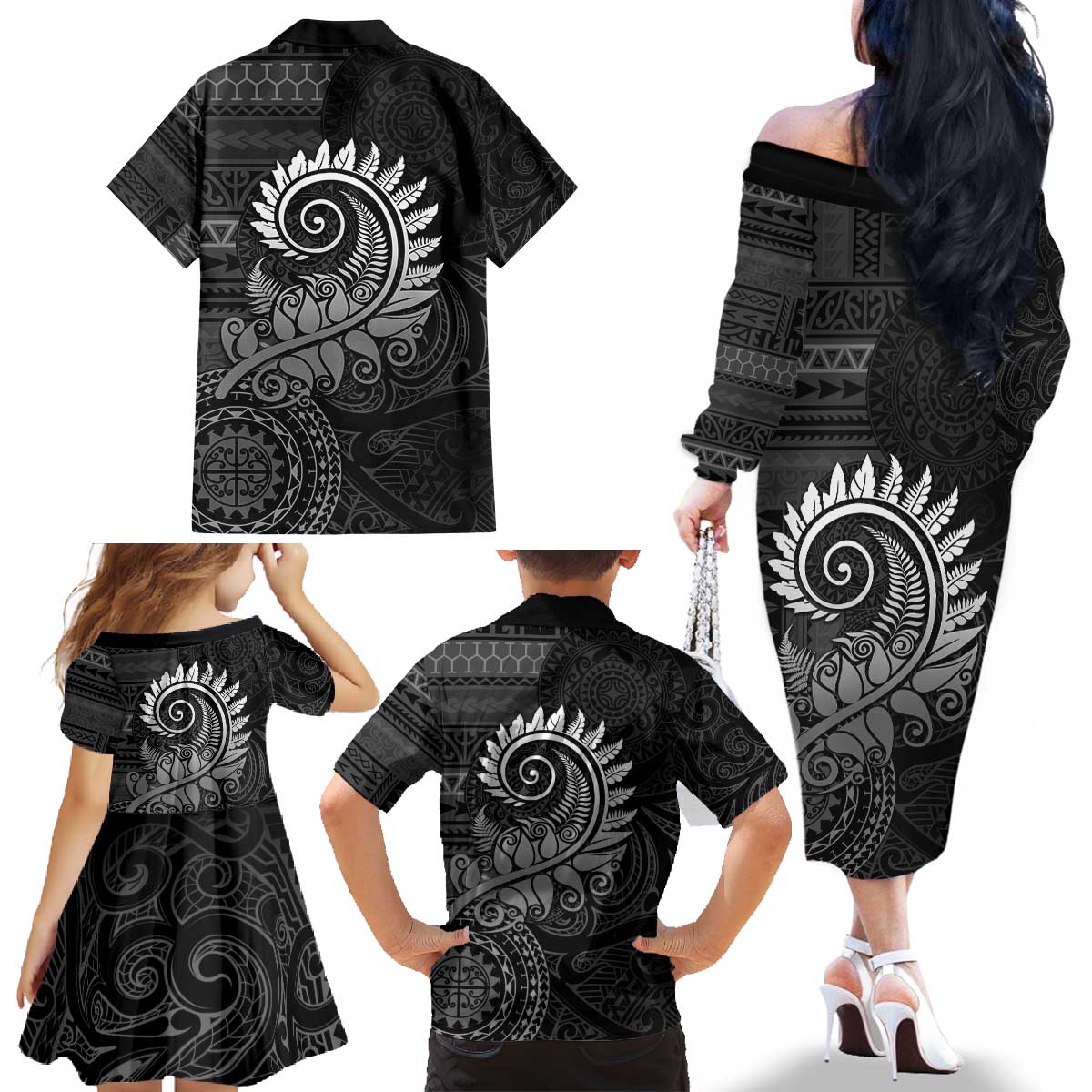 New Zealand Maori Koru Fern Family Matching Off The Shoulder Long Sleeve Dress and Hawaiian Shirt Spiral Polynesian Style Gray LT05 - Polynesian Pride