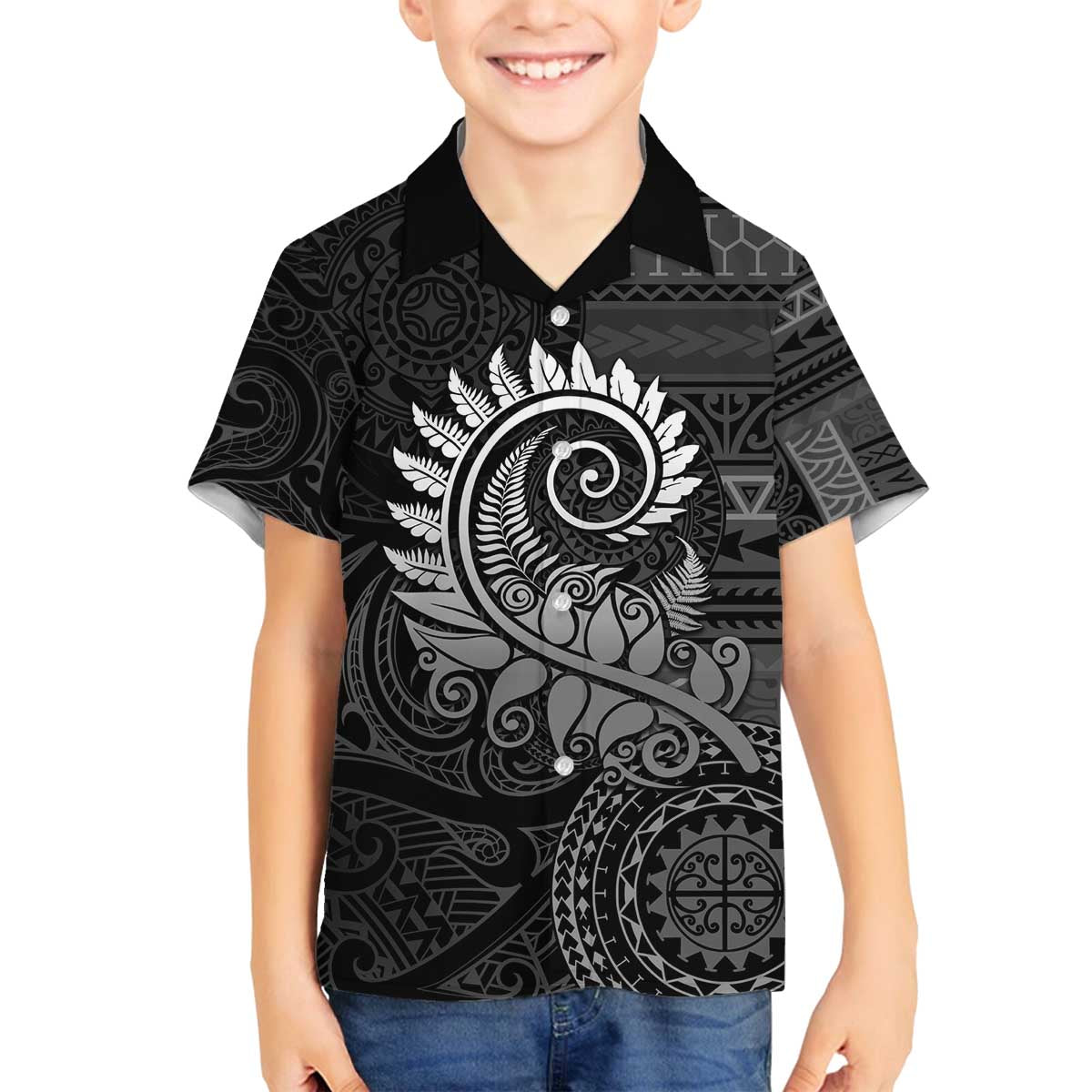 New Zealand Maori Koru Fern Family Matching Off The Shoulder Long Sleeve Dress and Hawaiian Shirt Spiral Polynesian Style Gray LT05 Son's Shirt Gray - Polynesian Pride