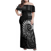 New Zealand Maori Koru Fern Family Matching Off Shoulder Maxi Dress and Hawaiian Shirt Spiral Polynesian Style Gray LT05 Mom's Dress Gray - Polynesian Pride
