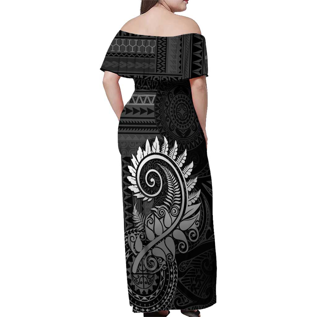New Zealand Maori Koru Fern Family Matching Off Shoulder Maxi Dress and Hawaiian Shirt Spiral Polynesian Style Gray LT05 - Polynesian Pride