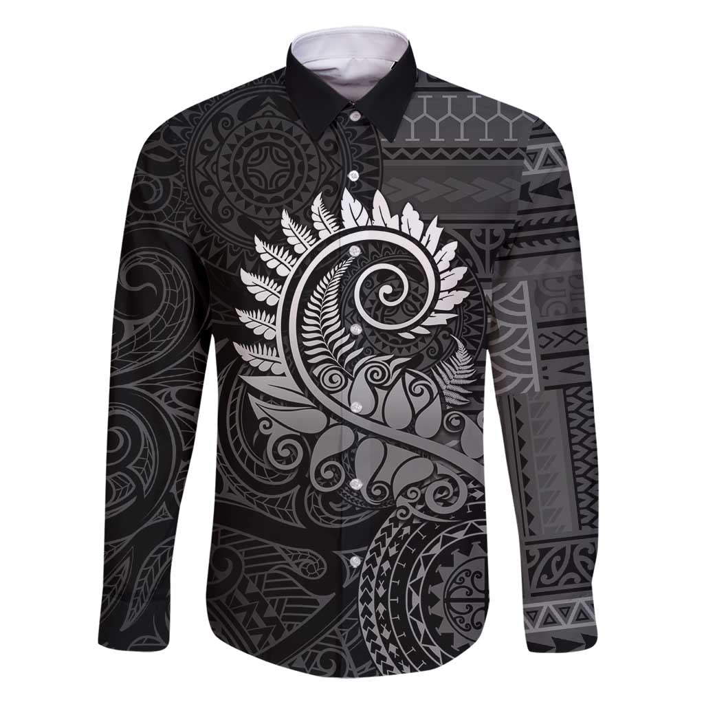 New Zealand Maori Koru Fern Family Matching Summer Maxi Dress and Hawaiian Shirt Spiral Polynesian Style Gray LT05 Dad's Shirt - Long Sleeve Gray - Polynesian Pride