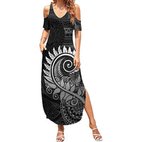 New Zealand Maori Koru Fern Family Matching Summer Maxi Dress and Hawaiian Shirt Spiral Polynesian Style Gray LT05 Mom's Dress Gray - Polynesian Pride