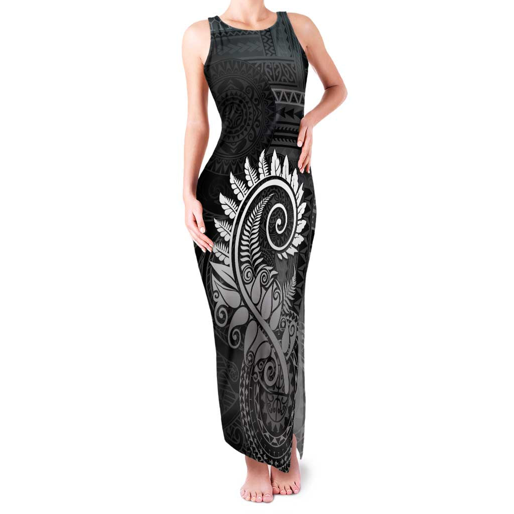 New Zealand Maori Koru Fern Family Matching Tank Maxi Dress and Hawaiian Shirt Spiral Polynesian Style Gray LT05 Mom's Dress Gray - Polynesian Pride
