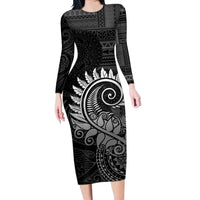 New Zealand Maori Koru Fern Long Sleeve Bodycon Dress Spiral Polynesian Style Gray LT05 Long Dress Gray - Polynesian Pride