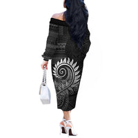 New Zealand Maori Koru Fern Off The Shoulder Long Sleeve Dress Spiral Polynesian Style Gray LT05 - Polynesian Pride
