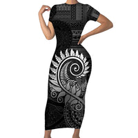 New Zealand Maori Koru Fern Short Sleeve Bodycon Dress Spiral Polynesian Style Gray LT05 Long Dress Gray - Polynesian Pride