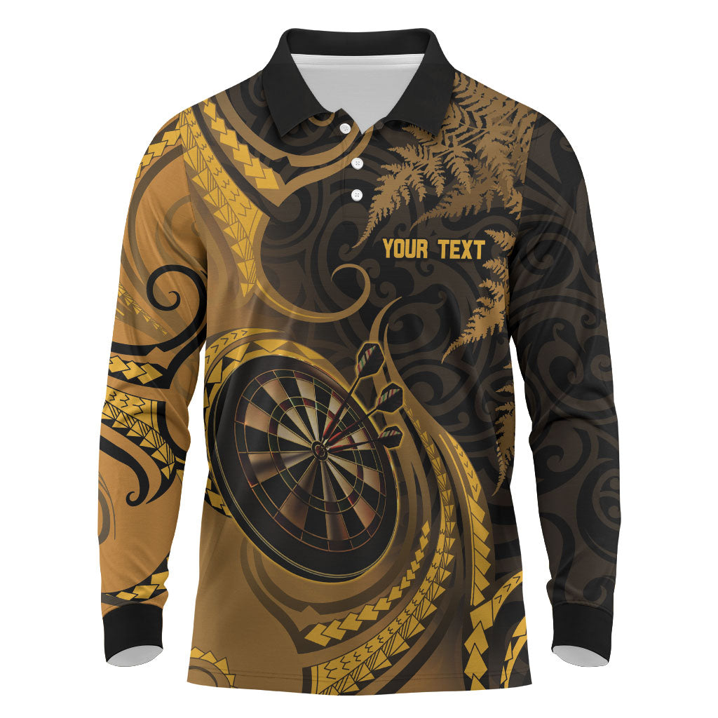 Personalised New Zealand Gold Darts Long Sleeve Polo Shirt Maori Fern Curve Style