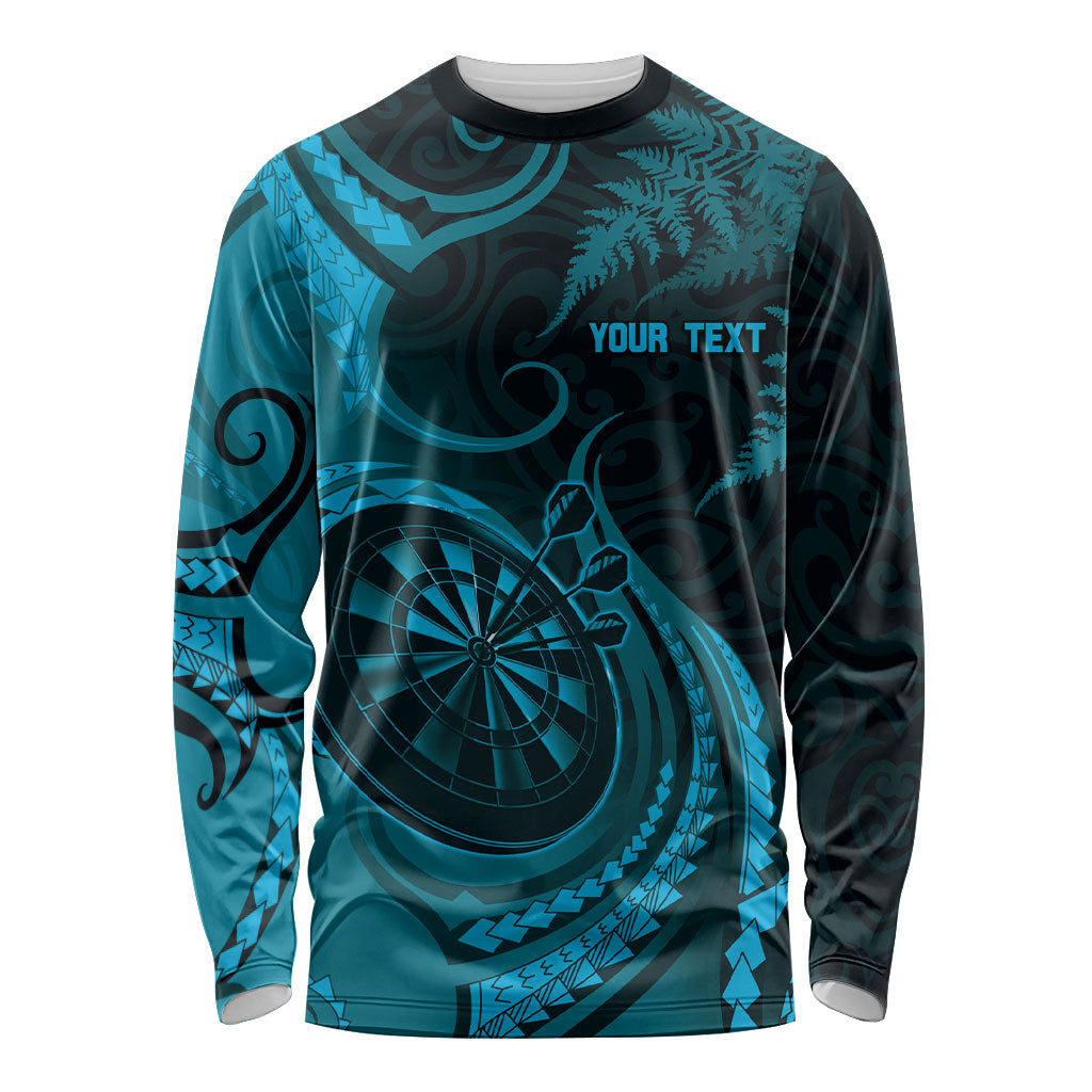 Personalised New Zealand Turquoise Darts Long Sleeve Shirt Maori Fern Curve Style