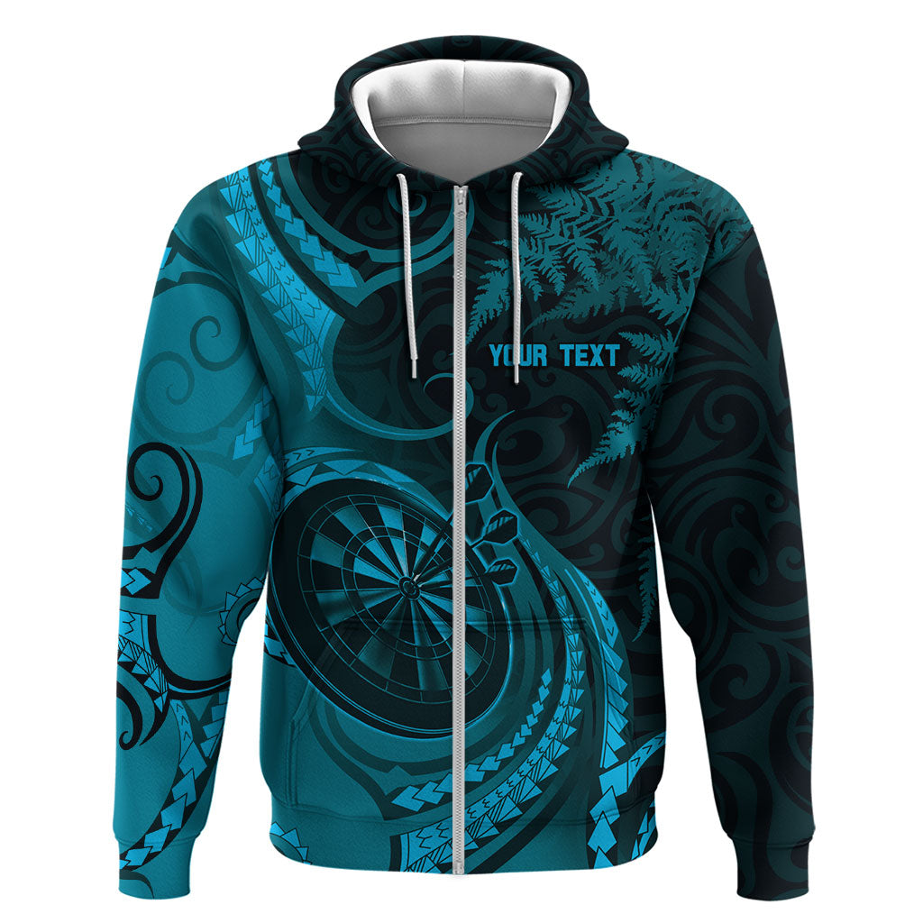 Personalised New Zealand Turquoise Darts Zip Hoodie Maori Fern Curve Style