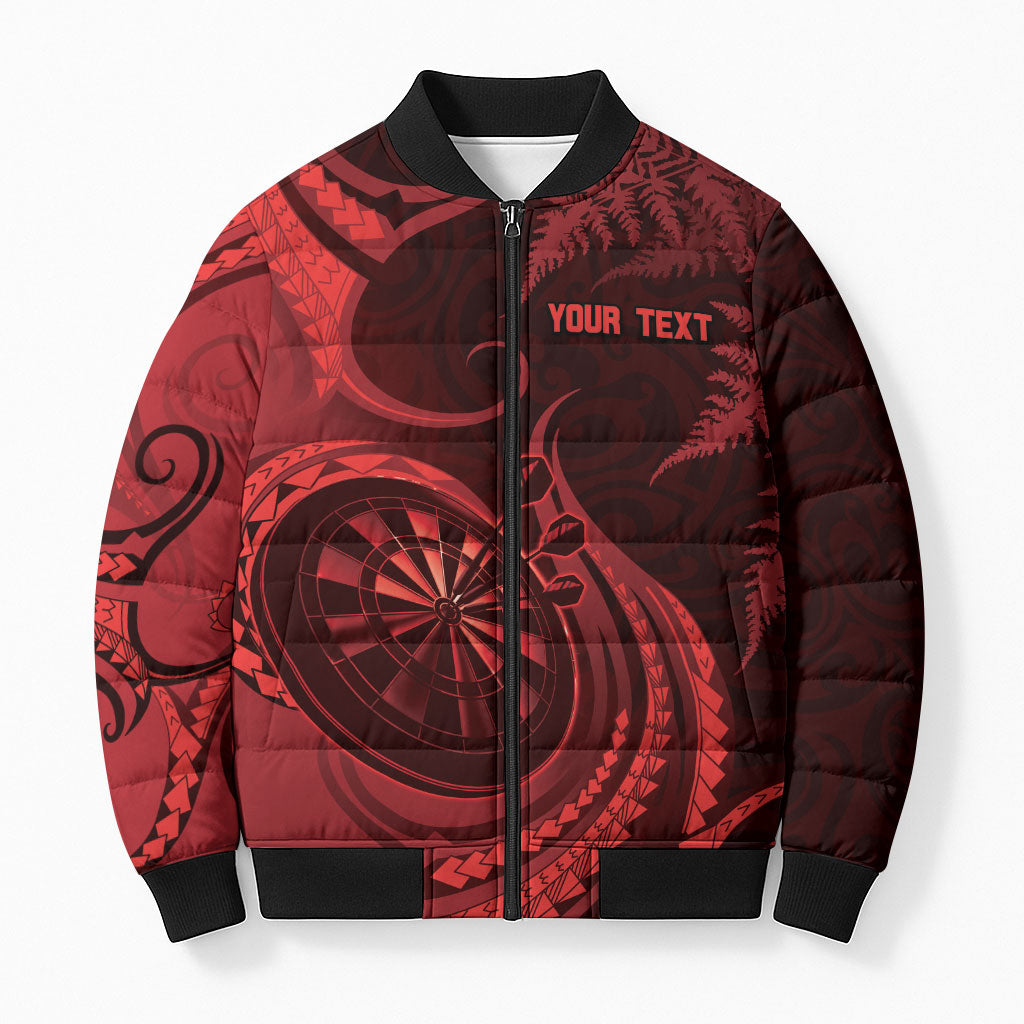 Personalised New Zealand Red Darts Bomber Puffer Jacket Maori Fern Curve Style