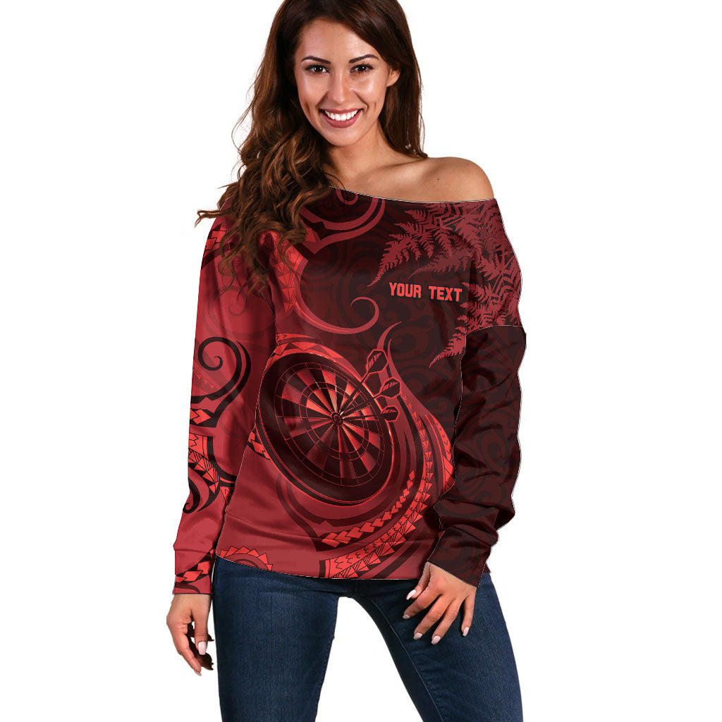 Personalised New Zealand Red Darts Off Shoulder Sweater Maori Fern Curve Style