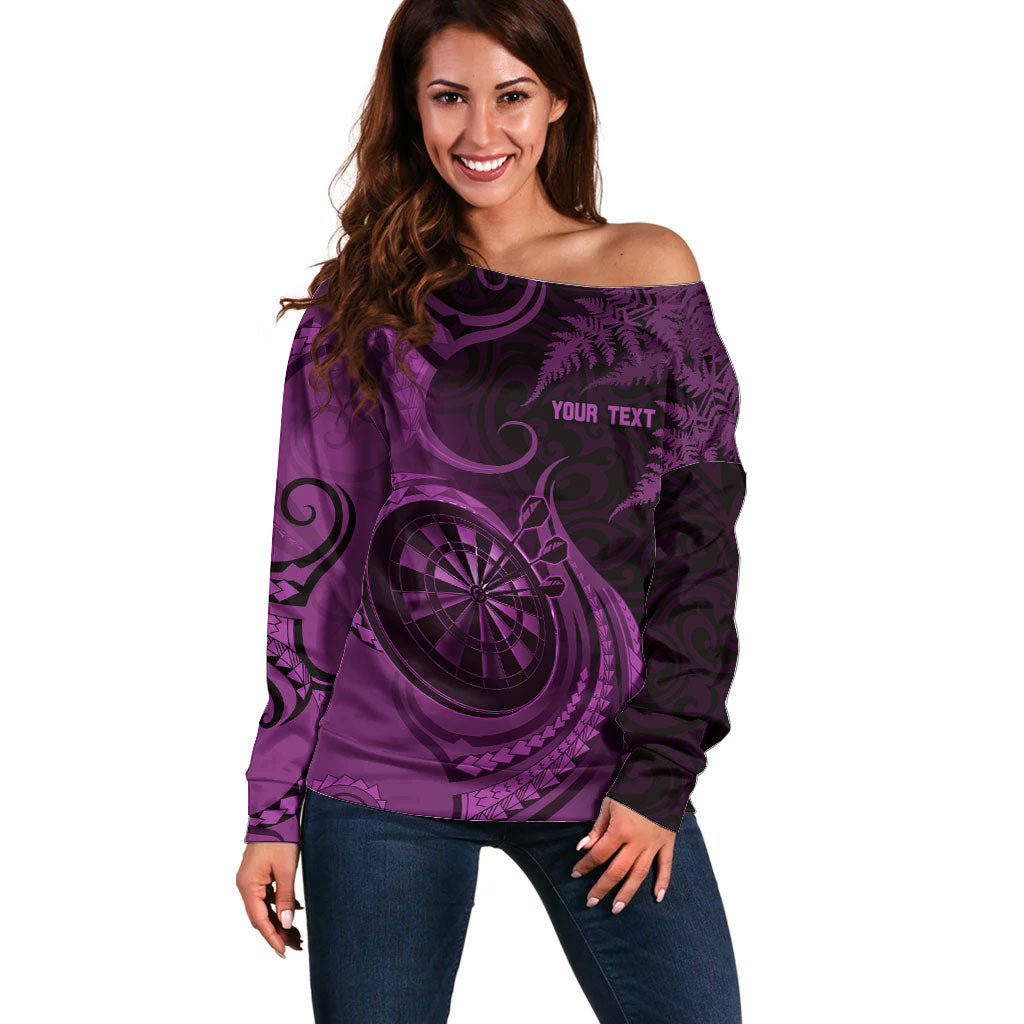 Personalised New Zealand Purple Darts Off Shoulder Sweater Maori Fern Curve Style