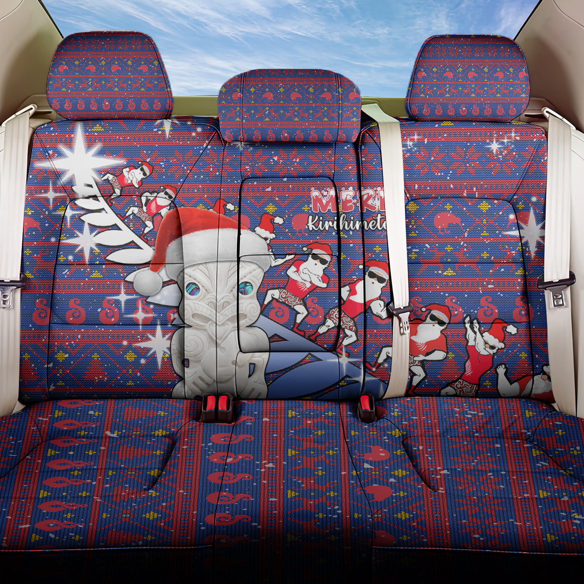 New Zealand Christmas Back Car Seat Cover Haka Fern Santa Tiki Meri Kirihimete LT05 One Size Blue - Polynesian Pride