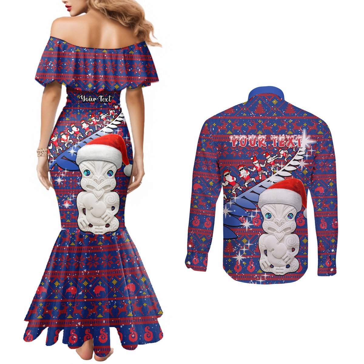 Personalized New Zealand Christmas Couples Matching Mermaid Dress and Long Sleeve Button Shirts Haka Fern Santa Tiki Meri Kirihimete LT05 - Polynesian Pride