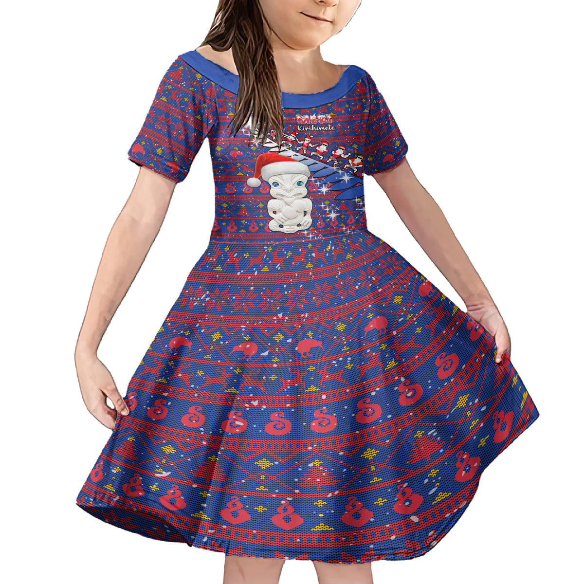 Personalized New Zealand Christmas Family Matching Short Sleeve Bodycon Dress and Hawaiian Shirt Haka Fern Santa Tiki Meri Kirihimete LT05 Daughter's Dress Blue - Polynesian Pride