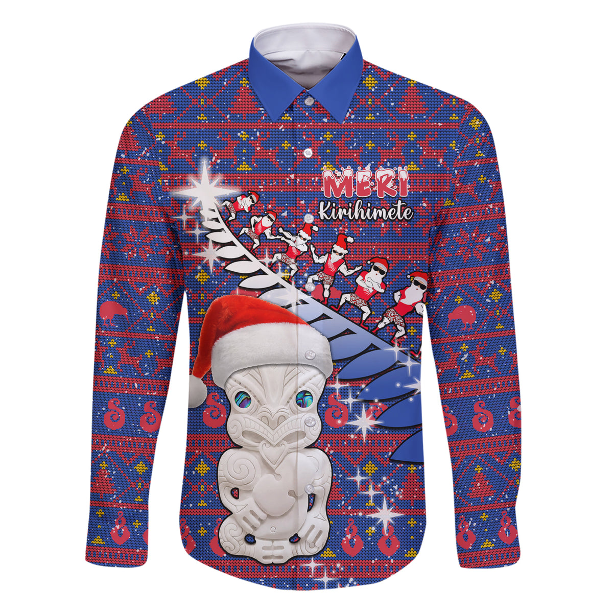 Personalized New Zealand Christmas Family Matching Short Sleeve Bodycon Dress and Hawaiian Shirt Haka Fern Santa Tiki Meri Kirihimete LT05 Dad's Shirt - Long Sleeve Blue - Polynesian Pride