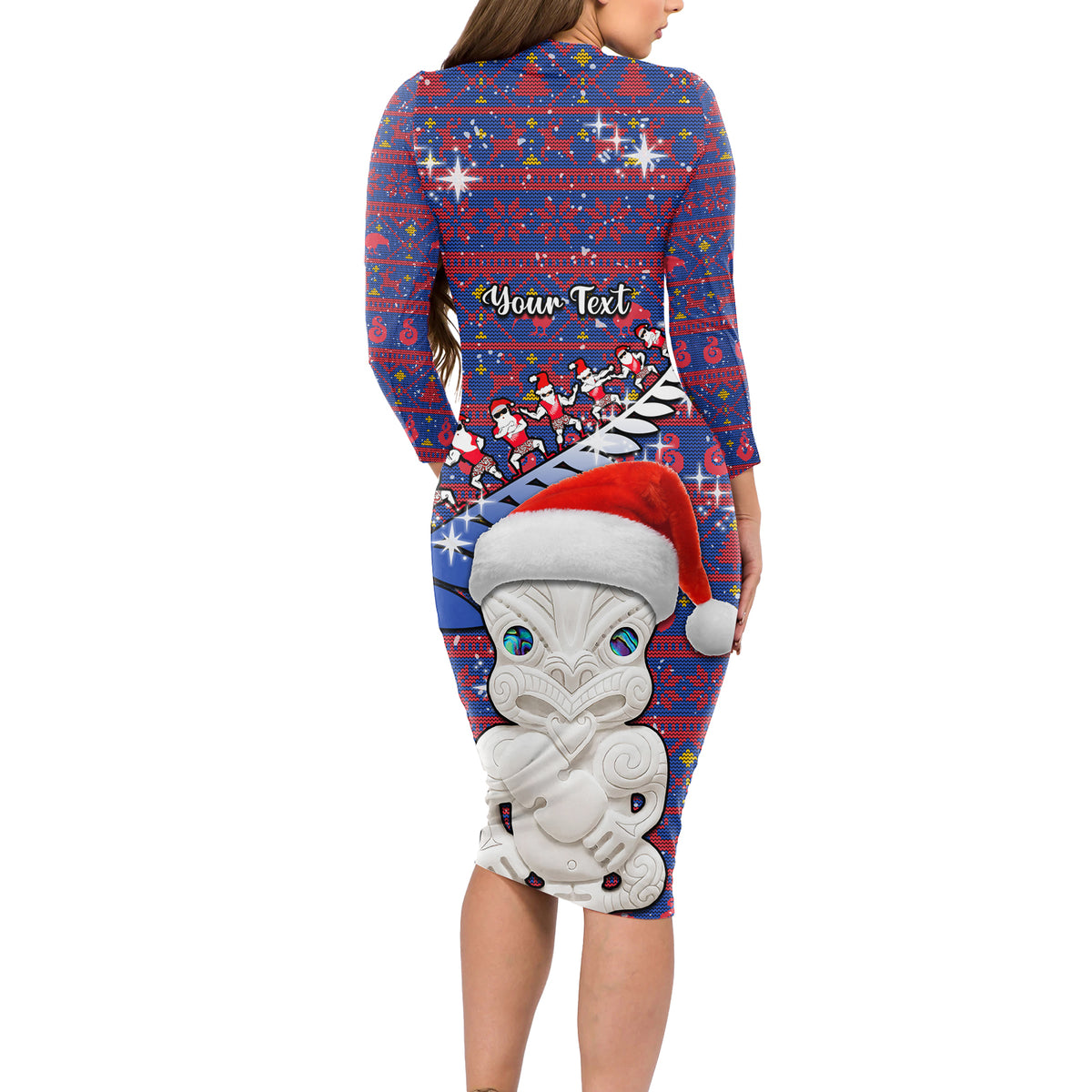 Personalized New Zealand Christmas Long Sleeve Bodycon Dress Haka Fern Santa Tiki Meri Kirihimete LT05 - Polynesian Pride