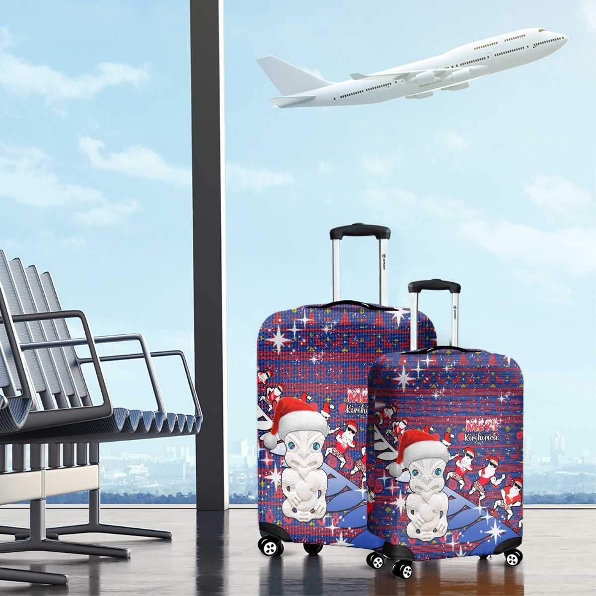 New Zealand Christmas Luggage Cover Haka Fern Santa Tiki Meri Kirihimete LT05 - Polynesian Pride
