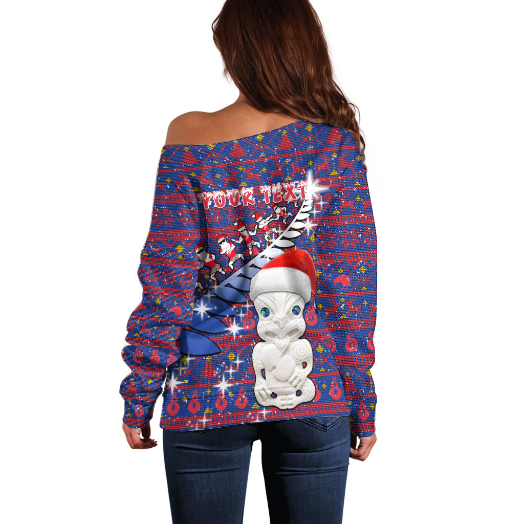 Personalized New Zealand Christmas Off Shoulder Sweater Haka Fern Santa Tiki Meri Kirihimete LT05 - Polynesian Pride