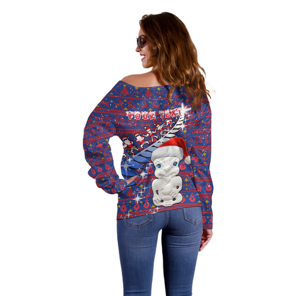 Personalized New Zealand Christmas Off Shoulder Sweater Haka Fern Santa Tiki Meri Kirihimete LT05 - Polynesian Pride