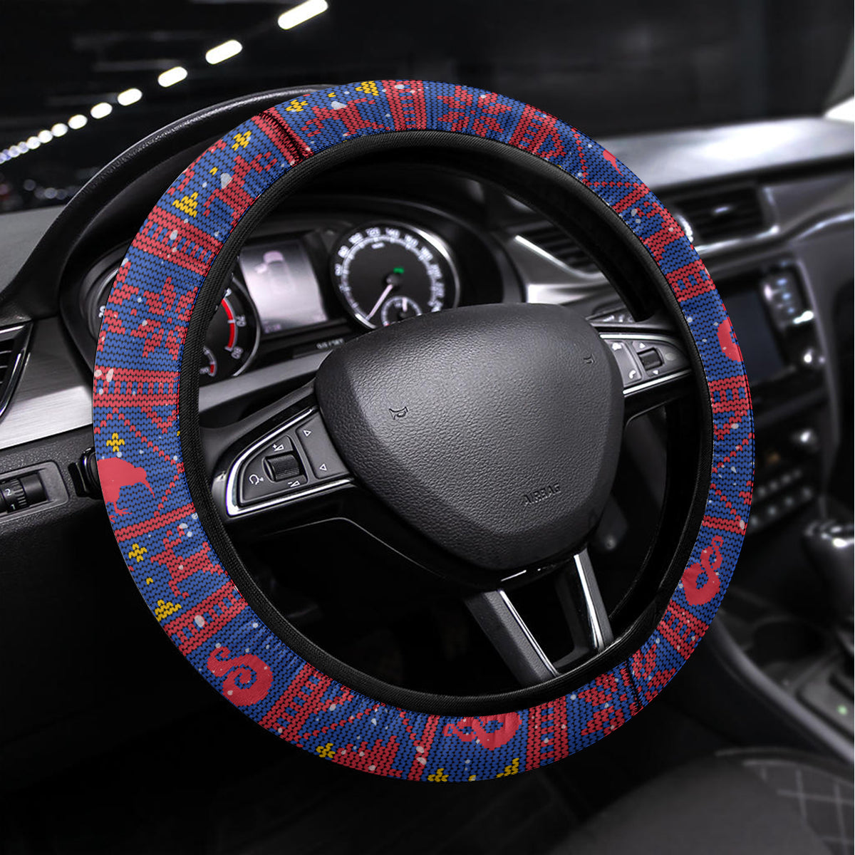 New Zealand Christmas Steering Wheel Cover Haka Fern Santa Tiki Meri Kirihimete LT05 Universal Fit Blue - Polynesian Pride