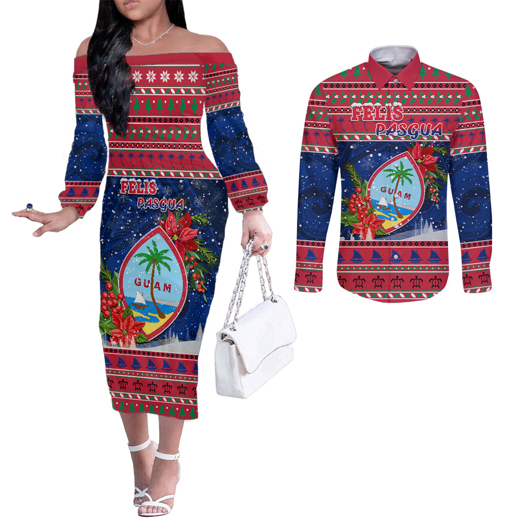 Guam Christmas Couples Matching Off The Shoulder Long Sleeve Dress and Long Sleeve Button Shirts Guaman Seal Poinsettia Felis Pasgua LT05 Red - Polynesian Pride