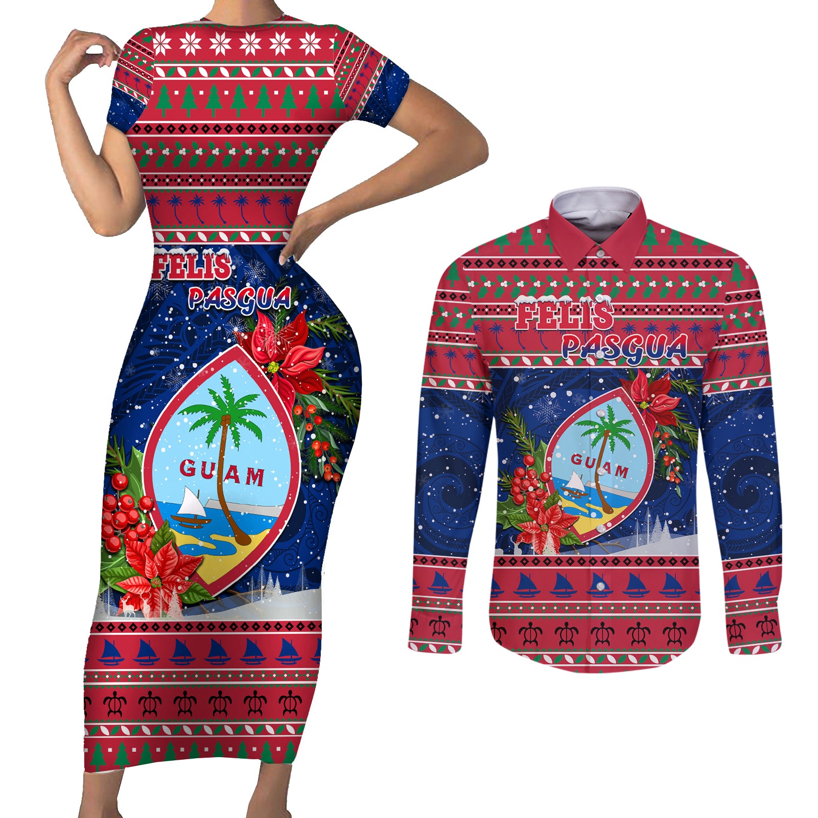 Guam Christmas Couples Matching Short Sleeve Bodycon Dress and Long Sleeve Button Shirts Guaman Seal Poinsettia Felis Pasgua LT05 Red - Polynesian Pride