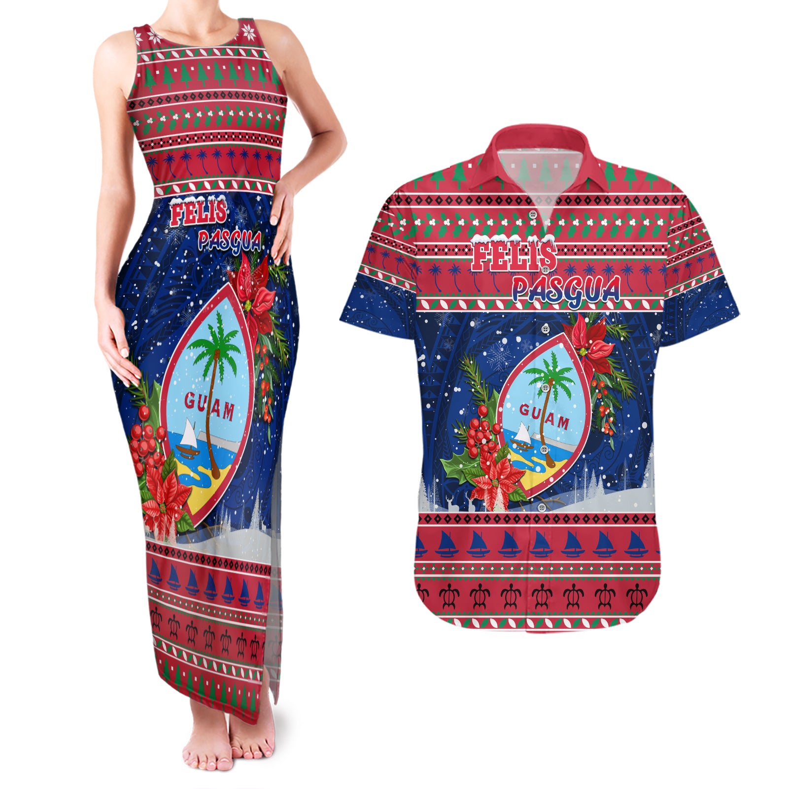 Guam Christmas Couples Matching Tank Maxi Dress and Hawaiian Shirt Guaman Seal Poinsettia Felis Pasgua LT05 Red - Polynesian Pride
