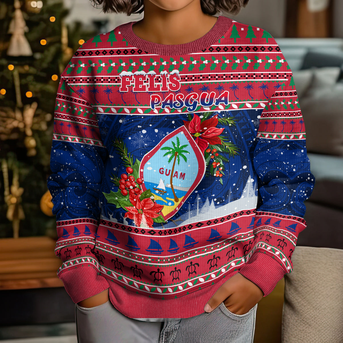Guam Christmas Kid Ugly Christmas Sweater Guaman Seal Poinsettia Felis Pasgua LT05 - Polynesian Pride