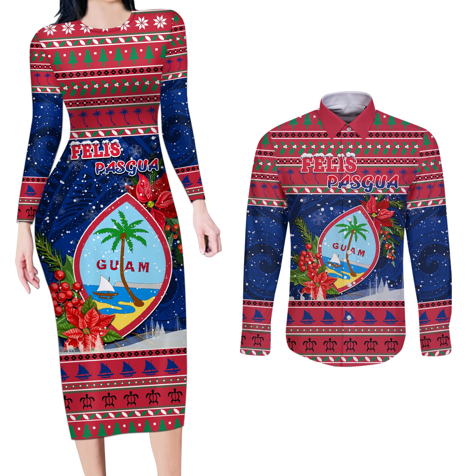 Personalized Guam Christmas Couples Matching Long Sleeve Bodycon Dress and Long Sleeve Button Shirts Guaman Seal Poinsettia Felis Pasgua LT05 Red - Polynesian Pride