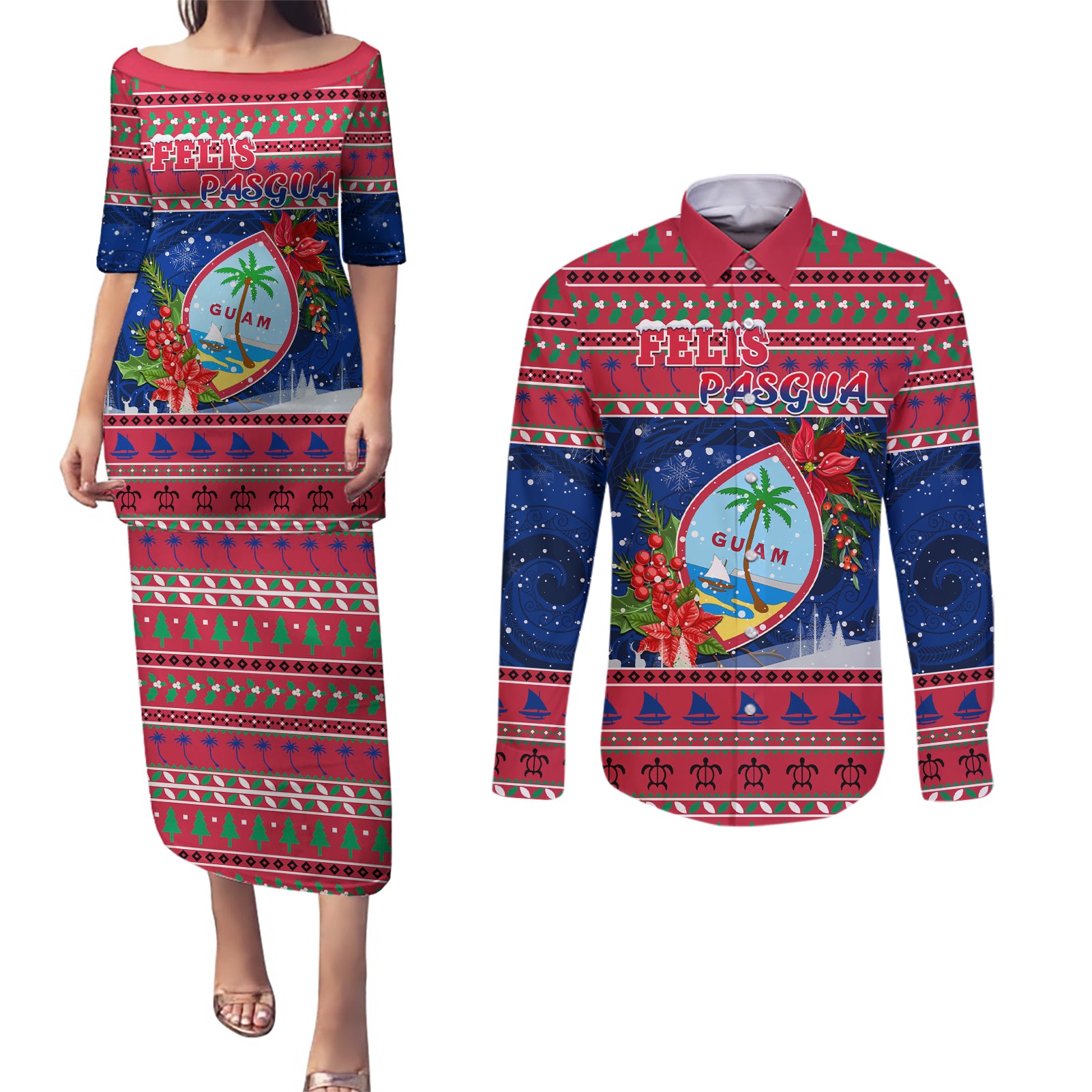 Personalized Guam Christmas Couples Matching Puletasi Dress and Long Sleeve Button Shirts Guaman Seal Poinsettia Felis Pasgua LT05 Red - Polynesian Pride