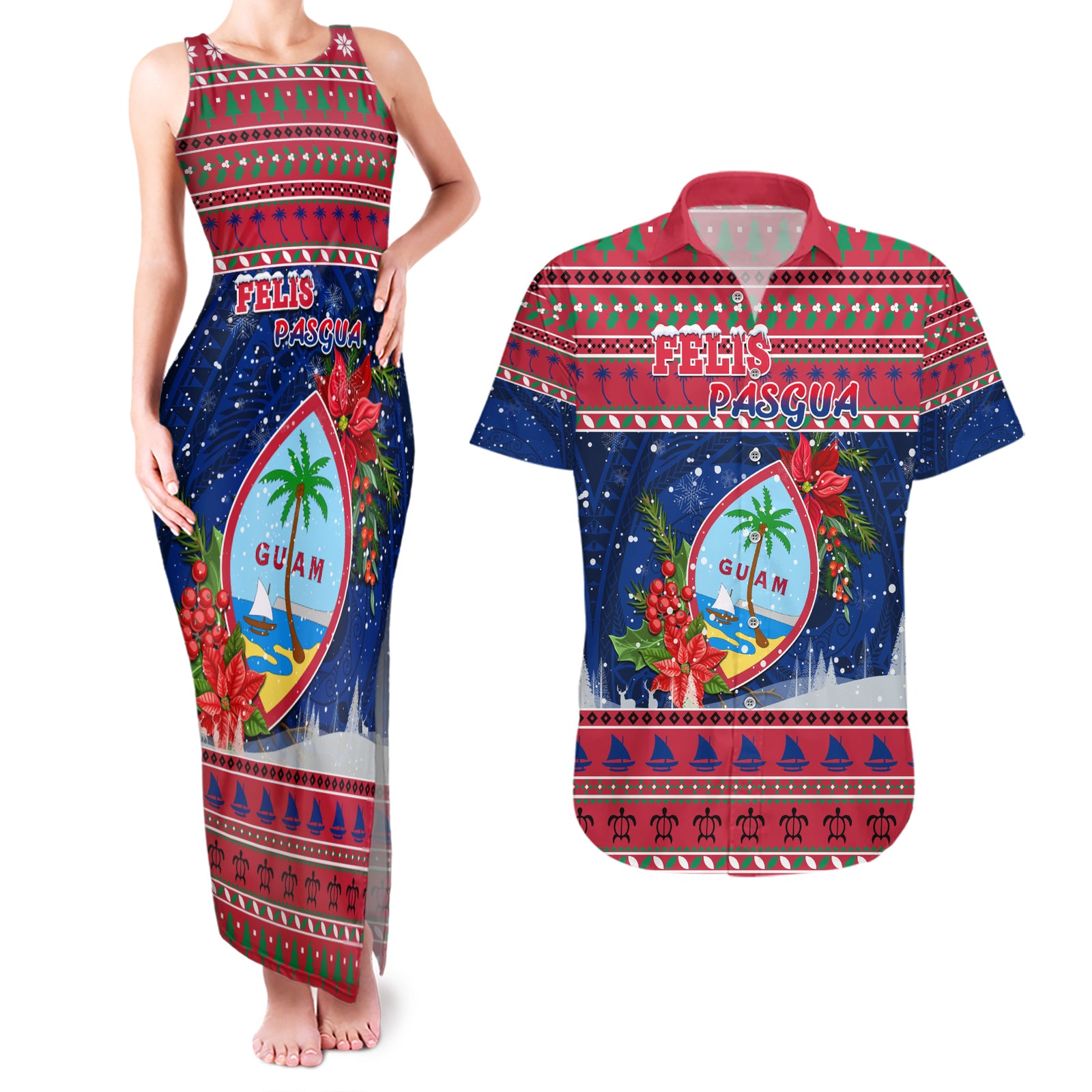 Personalized Guam Christmas Couples Matching Tank Maxi Dress and Hawaiian Shirt Guaman Seal Poinsettia Felis Pasgua LT05 Red - Polynesian Pride