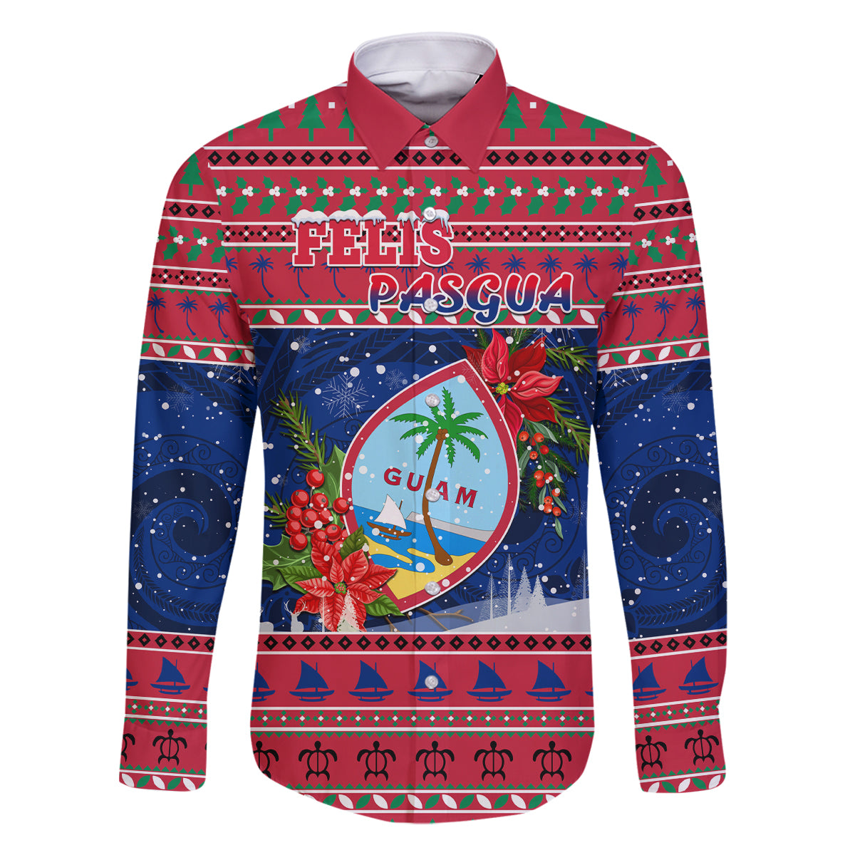 Personalized Guam Christmas Family Matching Long Sleeve Bodycon Dress and Hawaiian Shirt Guaman Seal Poinsettia Felis Pasgua LT05 Dad's Shirt - Long Sleeve Red - Polynesian Pride