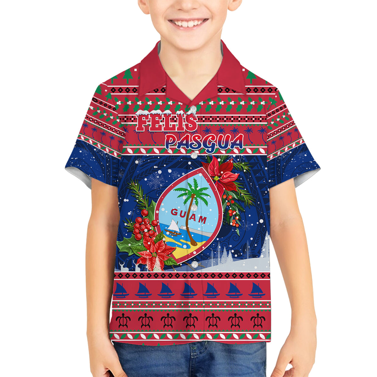 Personalized Guam Christmas Family Matching Off Shoulder Long Sleeve Dress and Hawaiian Shirt Guaman Seal Poinsettia Felis Pasgua LT05 Son's Shirt Red - Polynesian Pride