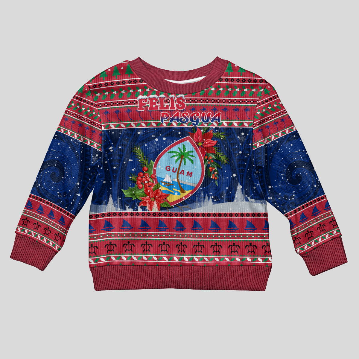 Personalised Guam Christmas Kid Ugly Christmas Sweater Guaman Seal Poinsettia Felis Pasgua LT05 Kid Red - Polynesian Pride