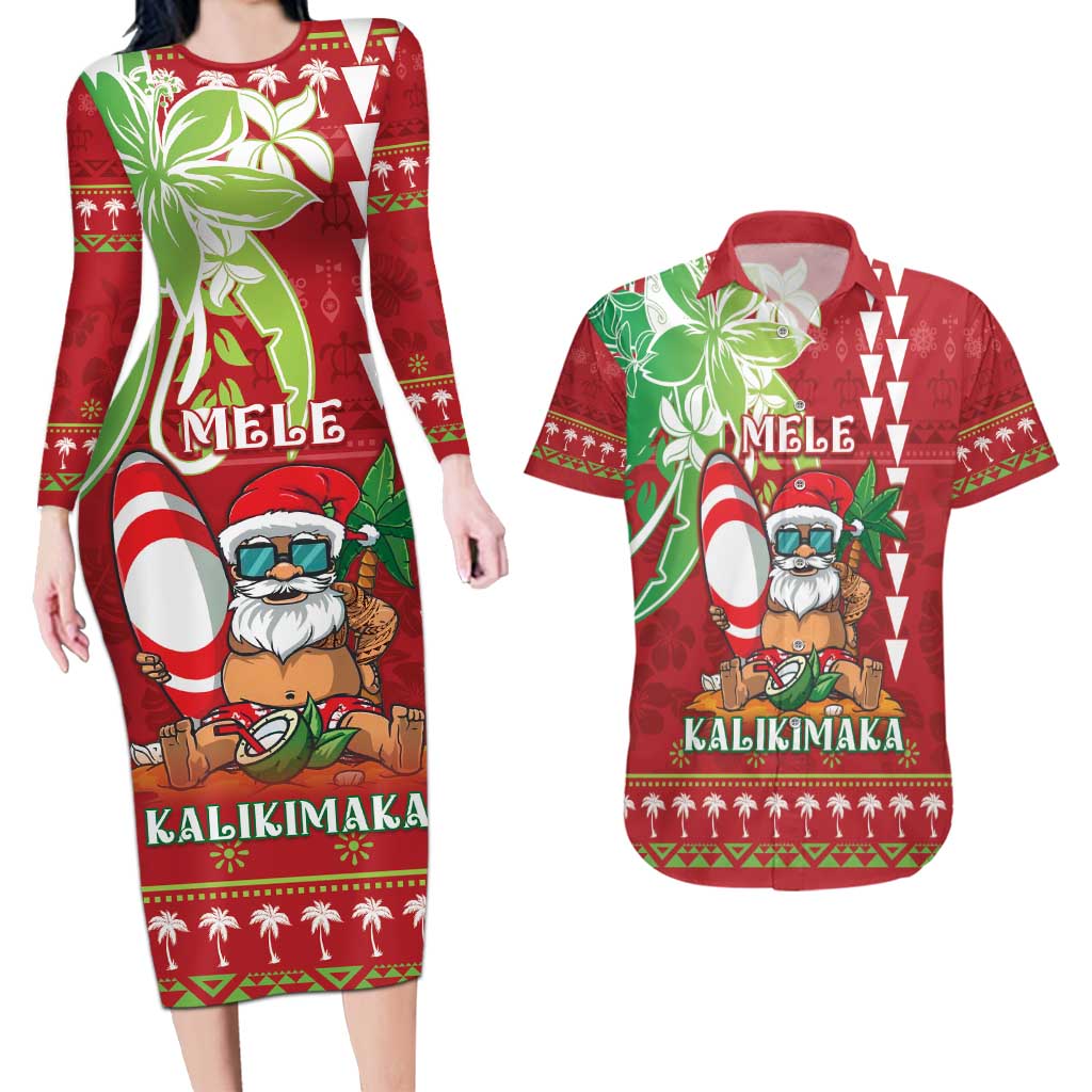Personalised Hawaii Christmas Couples Matching Long Sleeve Bodycon Dress and Hawaiian Shirt Funny Santa Claus Surf Mele Kalikimaka LT05 Red - Polynesian Pride