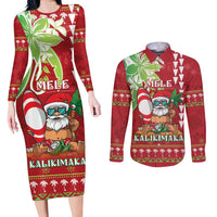 Personalised Hawaii Christmas Couples Matching Long Sleeve Bodycon Dress and Long Sleeve Button Shirt Funny Santa Claus Surf Mele Kalikimaka LT05 Red - Polynesian Pride