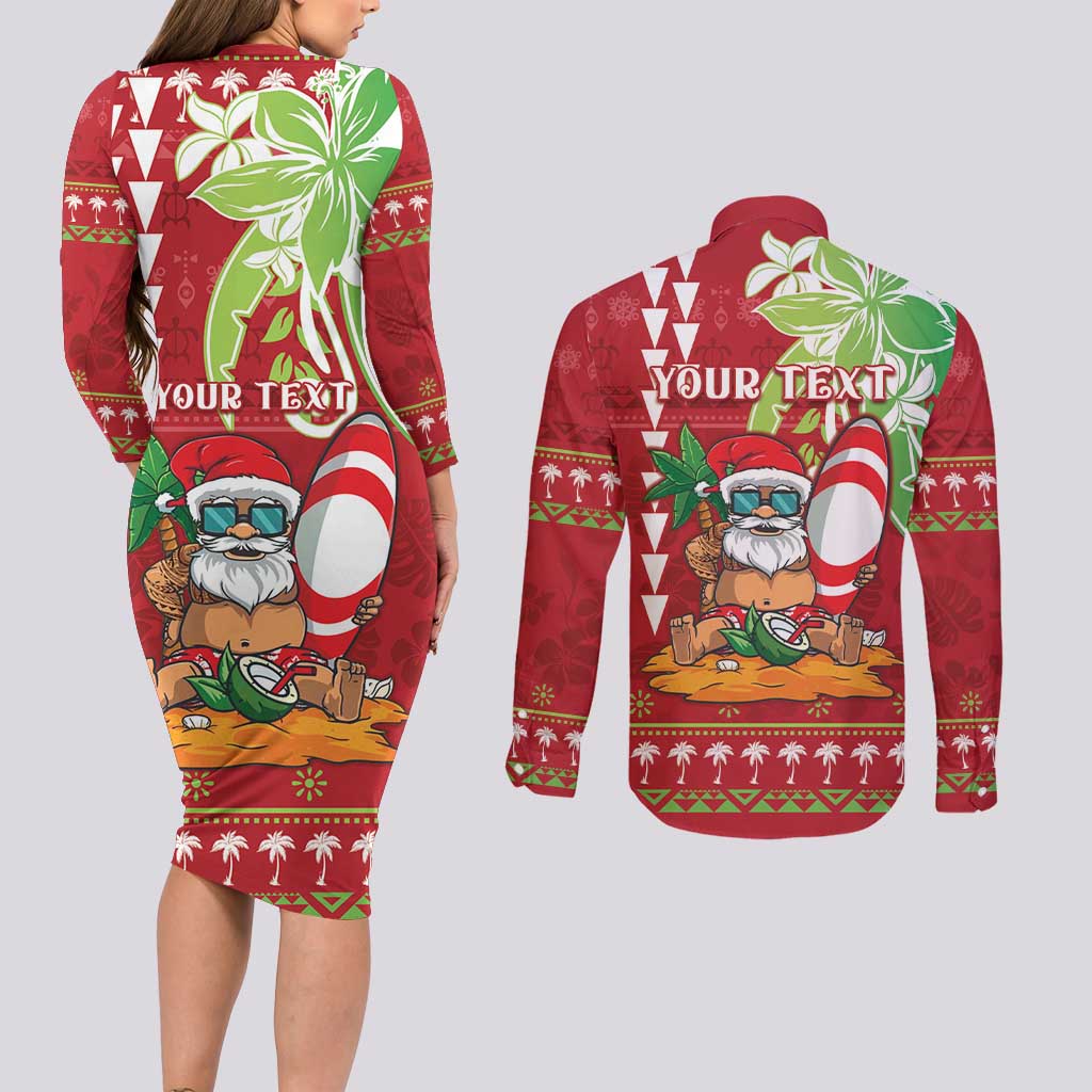 Personalised Hawaii Christmas Couples Matching Long Sleeve Bodycon Dress and Long Sleeve Button Shirt Funny Santa Claus Surf Mele Kalikimaka LT05 - Polynesian Pride