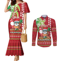 Personalised Hawaii Christmas Couples Matching Mermaid Dress and Long Sleeve Button Shirt Funny Santa Claus Surf Mele Kalikimaka LT05 Red - Polynesian Pride