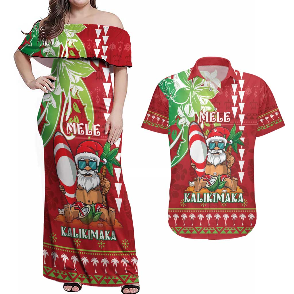 Personalised Hawaii Christmas Couples Matching Off Shoulder Maxi Dress and Hawaiian Shirt Funny Santa Claus Surf Mele Kalikimaka LT05 Red - Polynesian Pride