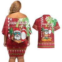 Personalised Hawaii Christmas Couples Matching Off Shoulder Short Dress and Hawaiian Shirt Funny Santa Claus Surf Mele Kalikimaka LT05 - Polynesian Pride