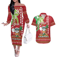 Personalised Hawaii Christmas Couples Matching Off The Shoulder Long Sleeve Dress and Hawaiian Shirt Funny Santa Claus Surf Mele Kalikimaka LT05 Red - Polynesian Pride
