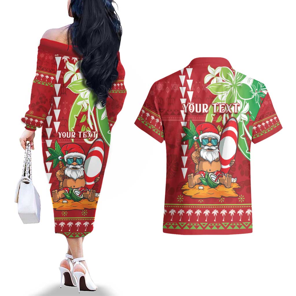 Personalised Hawaii Christmas Couples Matching Off The Shoulder Long Sleeve Dress and Hawaiian Shirt Funny Santa Claus Surf Mele Kalikimaka LT05 - Polynesian Pride
