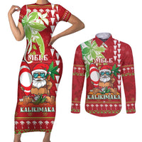 Personalised Hawaii Christmas Couples Matching Short Sleeve Bodycon Dress and Long Sleeve Button Shirt Funny Santa Claus Surf Mele Kalikimaka LT05 Red - Polynesian Pride